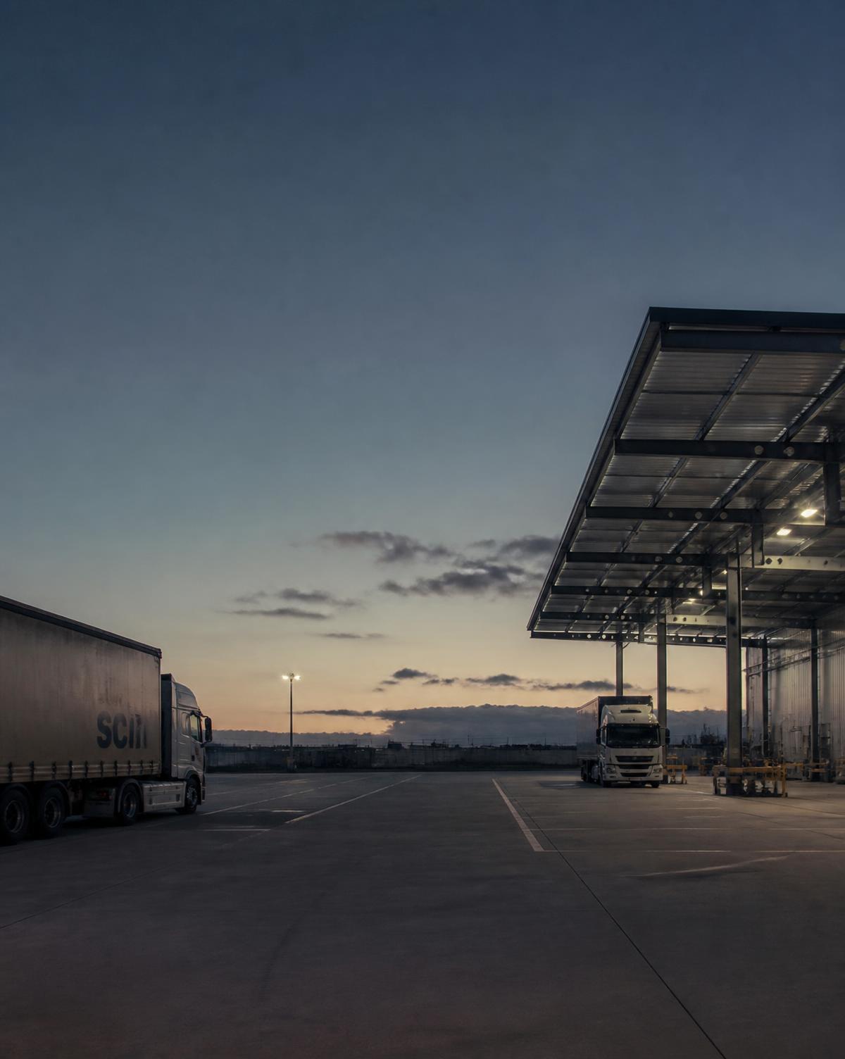 Logistics depot at dusk